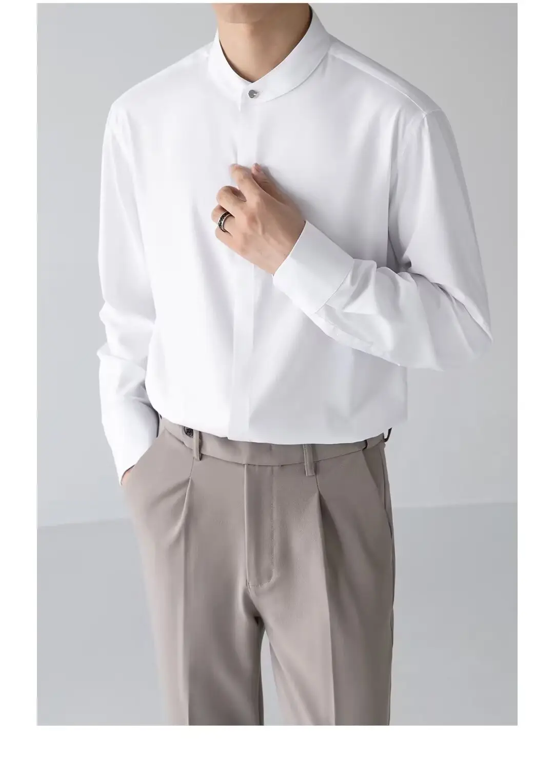 Men's Black Long Sleeve Collarless Shirt 2023 — feature 10