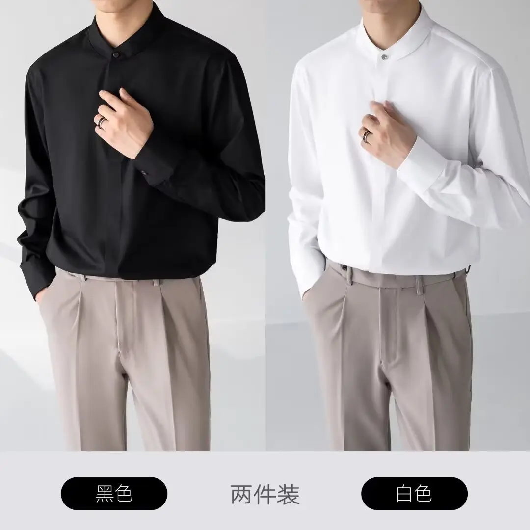 Men's Black Long Sleeve Collarless Shirt 2023 — feature 2