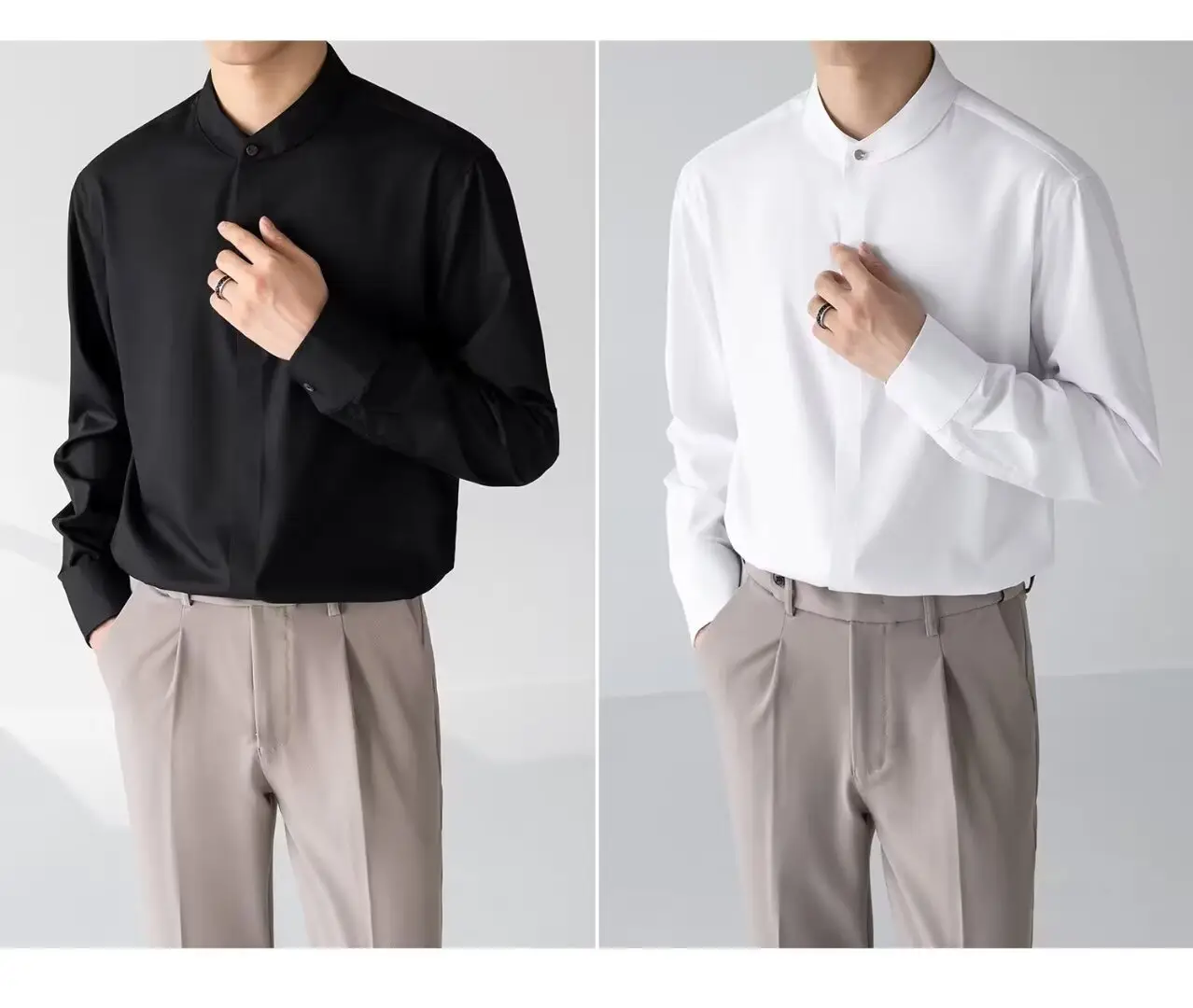 Men's Black Long Sleeve Collarless Shirt 2023 — feature 3