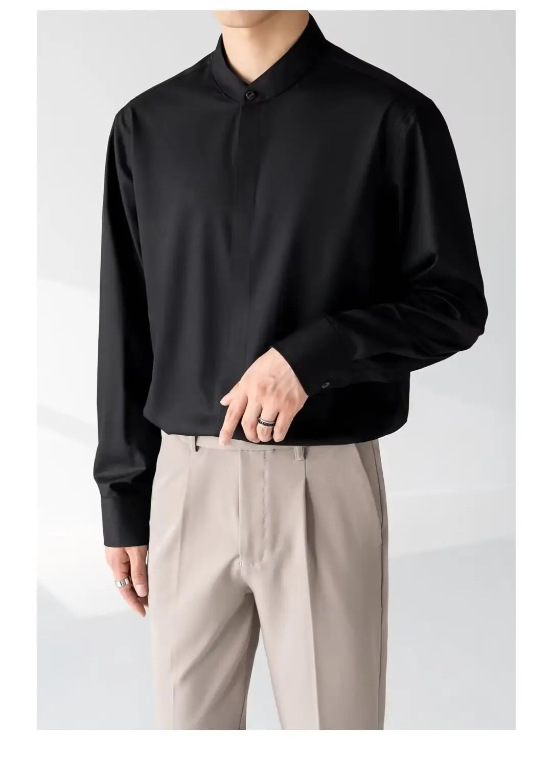 Men's Black Long Sleeve Collarless Shirt 2023 — feature 5
