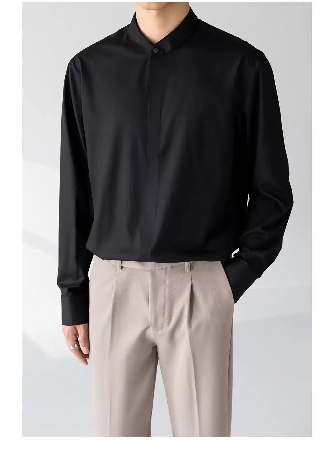 Men's Black Long Sleeve Collarless Shirt 2023 — feature 6