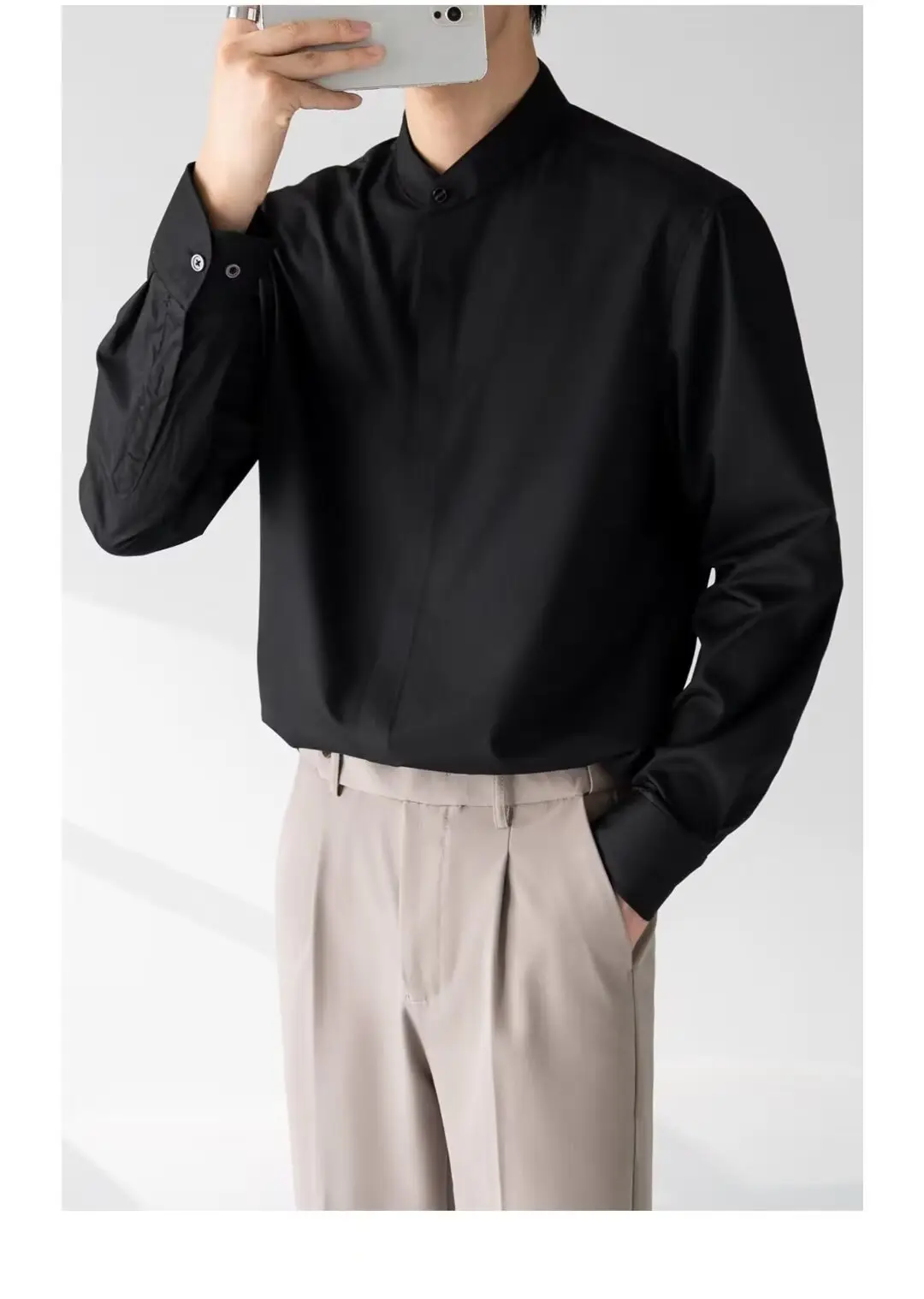 Men's Black Long Sleeve Collarless Shirt 2023 — feature 7