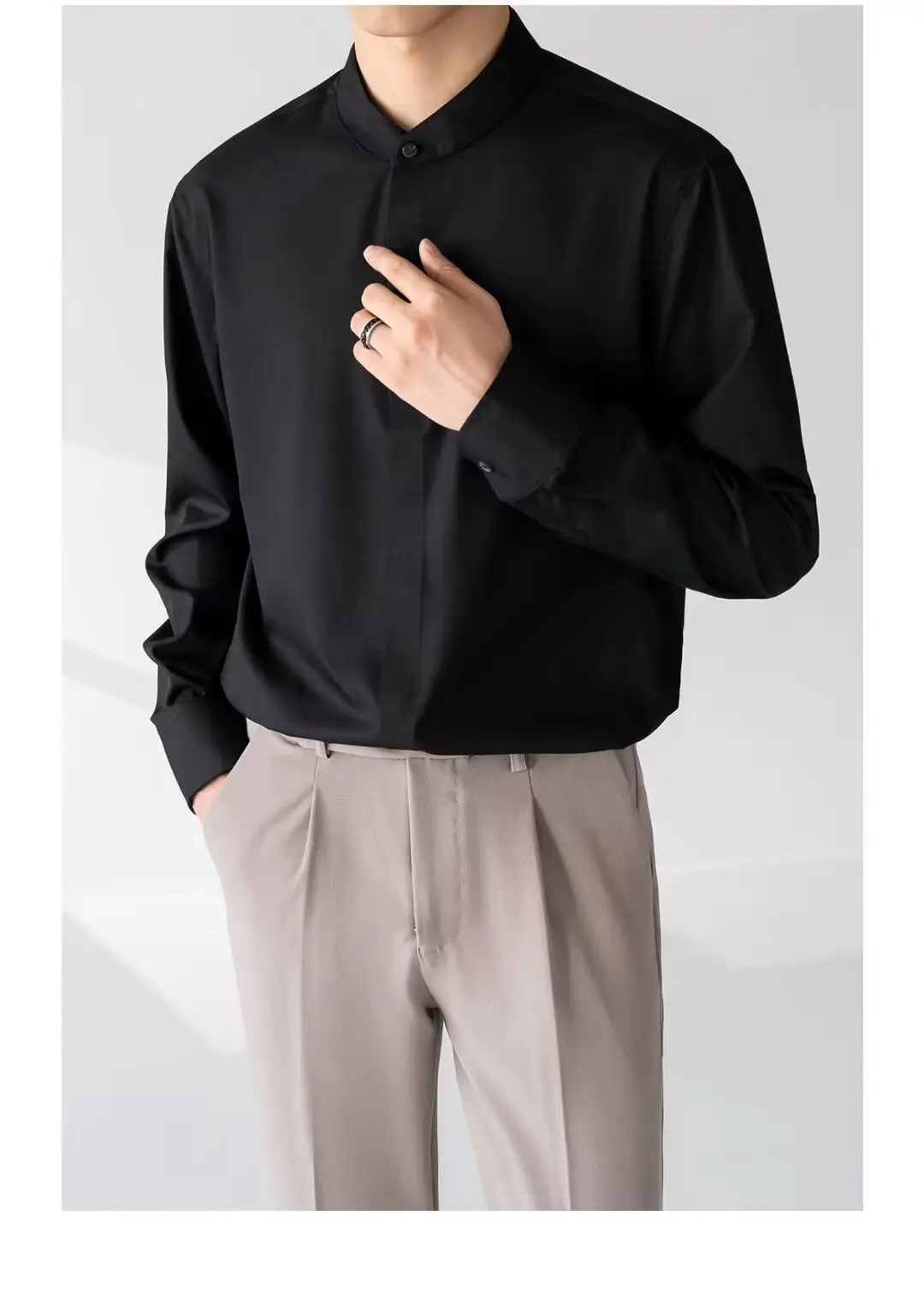 Men's Black Long Sleeve Collarless Shirt 2023 — feature 8