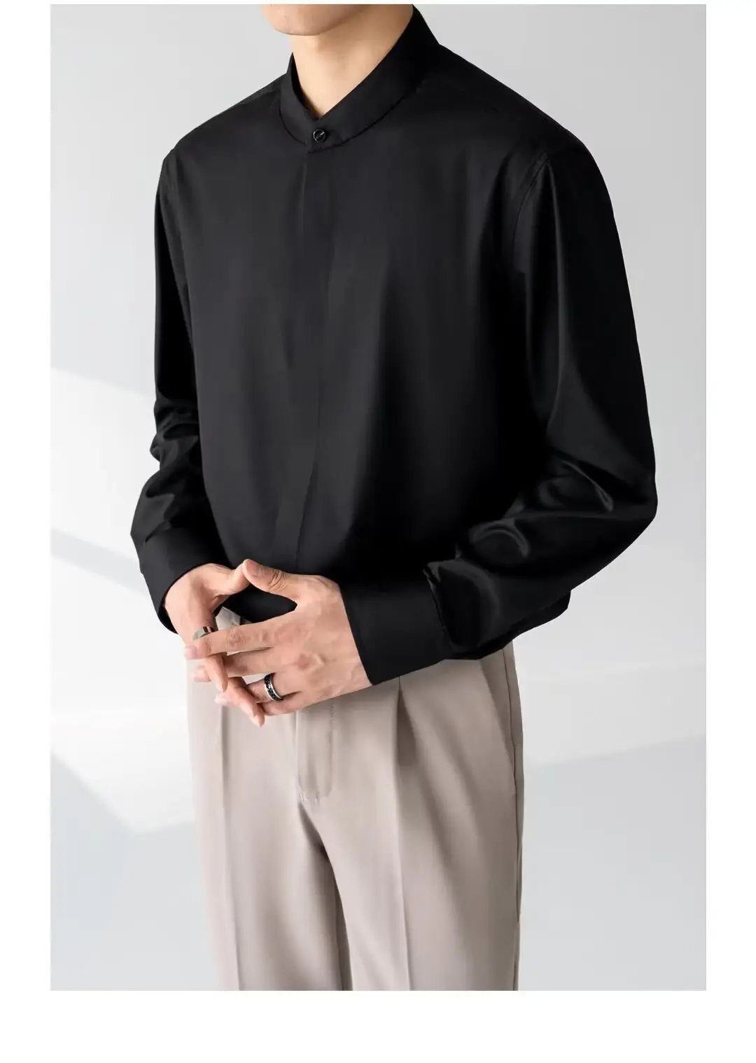 Men's Black Long Sleeve Collarless Shirt 2023 — feature 9