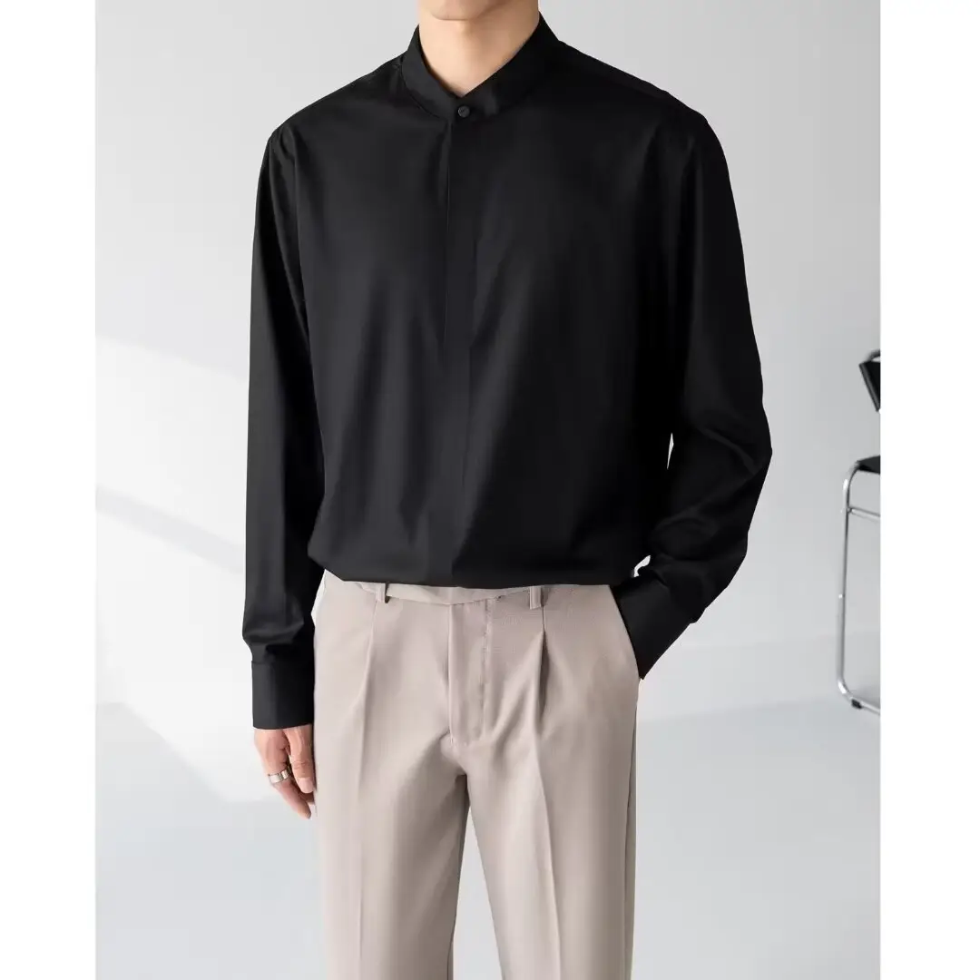 Men's Black Long Sleeve Collarless Shirt 2023