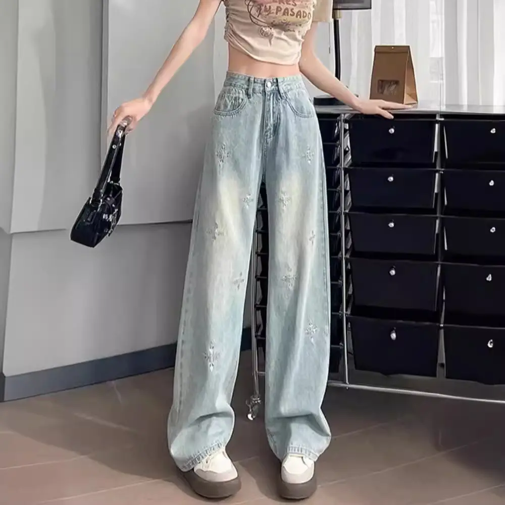 Light Blue Rhinestone Cross Wide Leg Jeans Women - Image 5