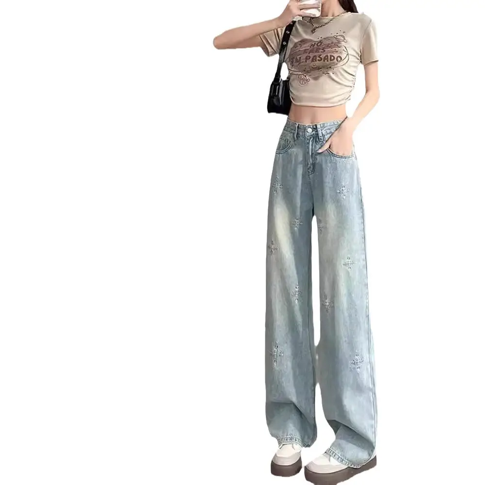 Light Blue Rhinestone Cross Wide Leg Jeans Women - Image 6