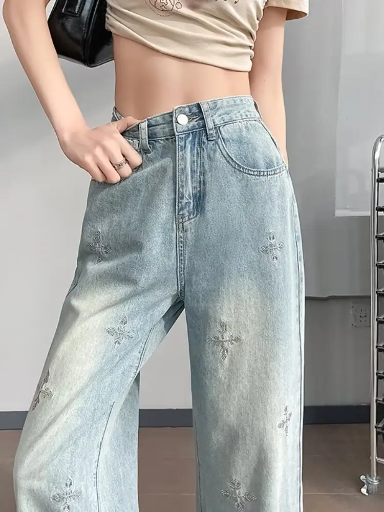 Light Blue Rhinestone Cross Wide Leg Jeans Women — feature 11