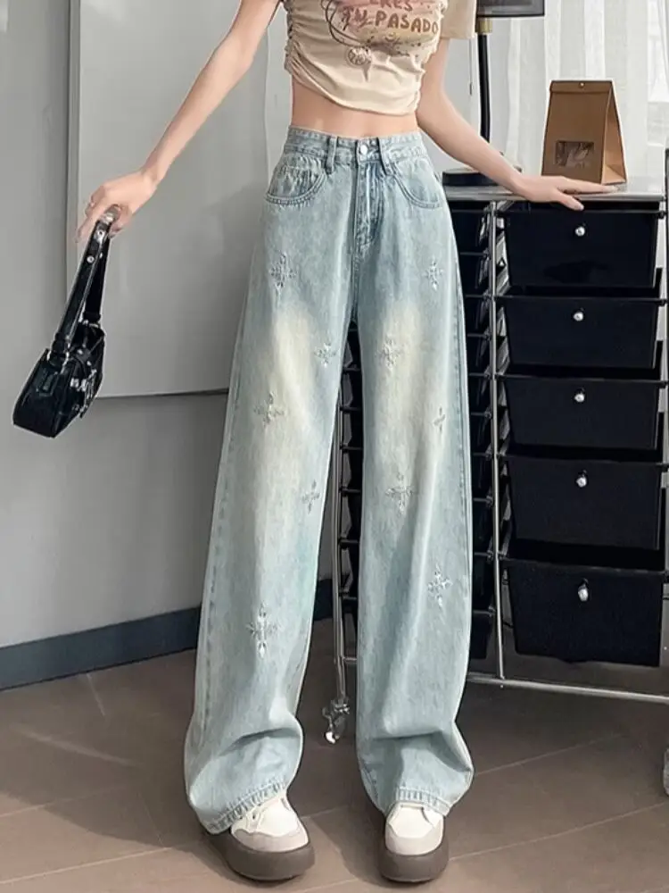 Light Blue Rhinestone Cross Wide Leg Jeans Women — feature 12