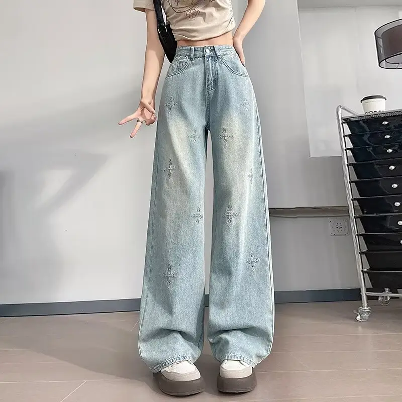 Light Blue Rhinestone Cross Wide Leg Jeans Women — feature 2