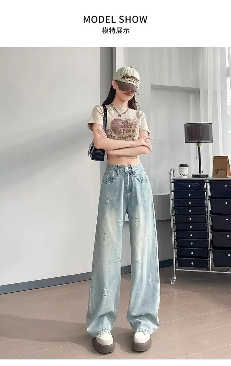 Light Blue Rhinestone Cross Wide Leg Jeans Women — feature 4