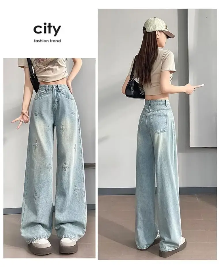 Light Blue Rhinestone Cross Wide Leg Jeans Women — feature 5