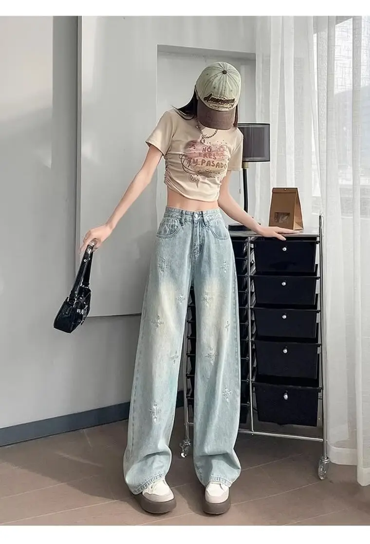 Light Blue Rhinestone Cross Wide Leg Jeans Women — feature 6