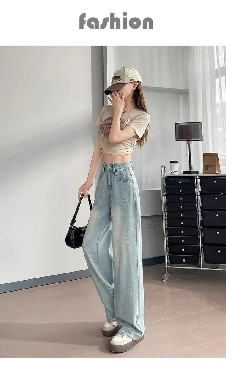 Light Blue Rhinestone Cross Wide Leg Jeans Women — feature 7