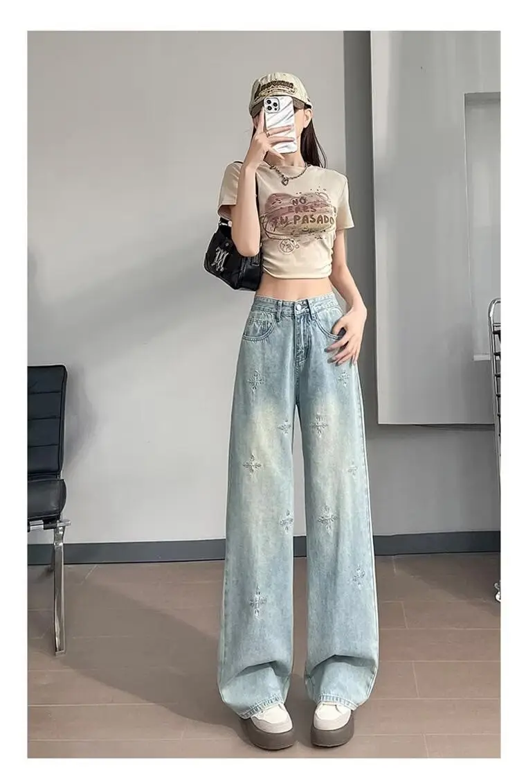 Light Blue Rhinestone Cross Wide Leg Jeans Women — feature 8