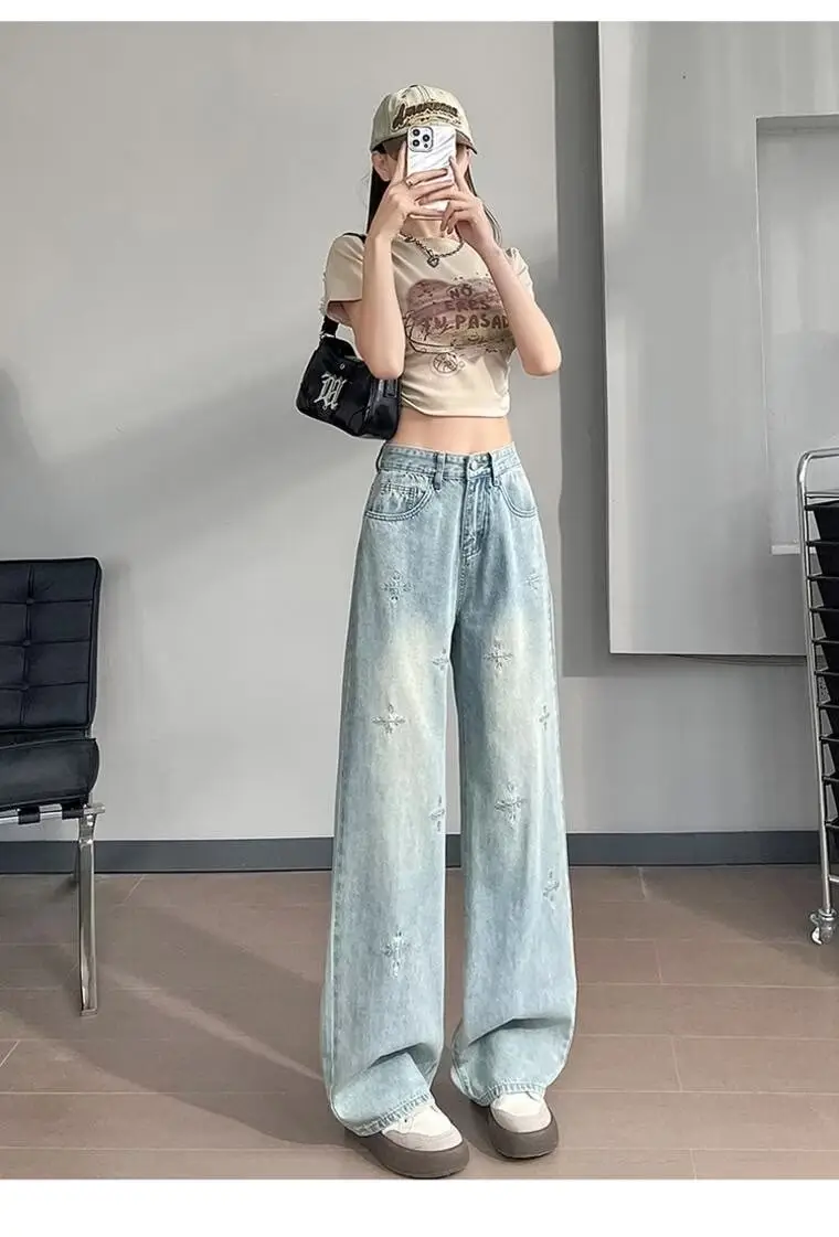 Light Blue Rhinestone Cross Wide Leg Jeans Women — feature 9