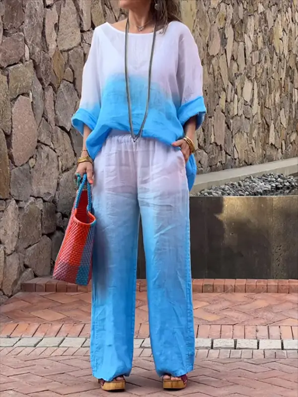 Women White Gradient Two-Piece Summer Outfit — feature 3