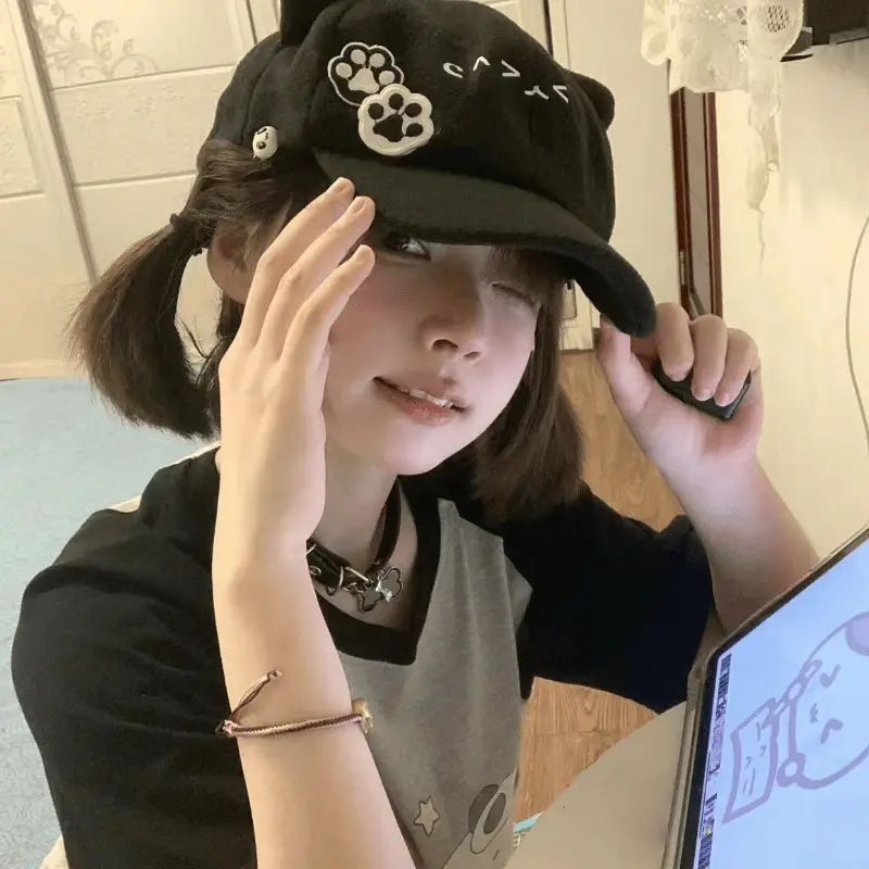 Cute Cat Ears Baseball Cap Women Black Y2K Subculture Hat — feature 5