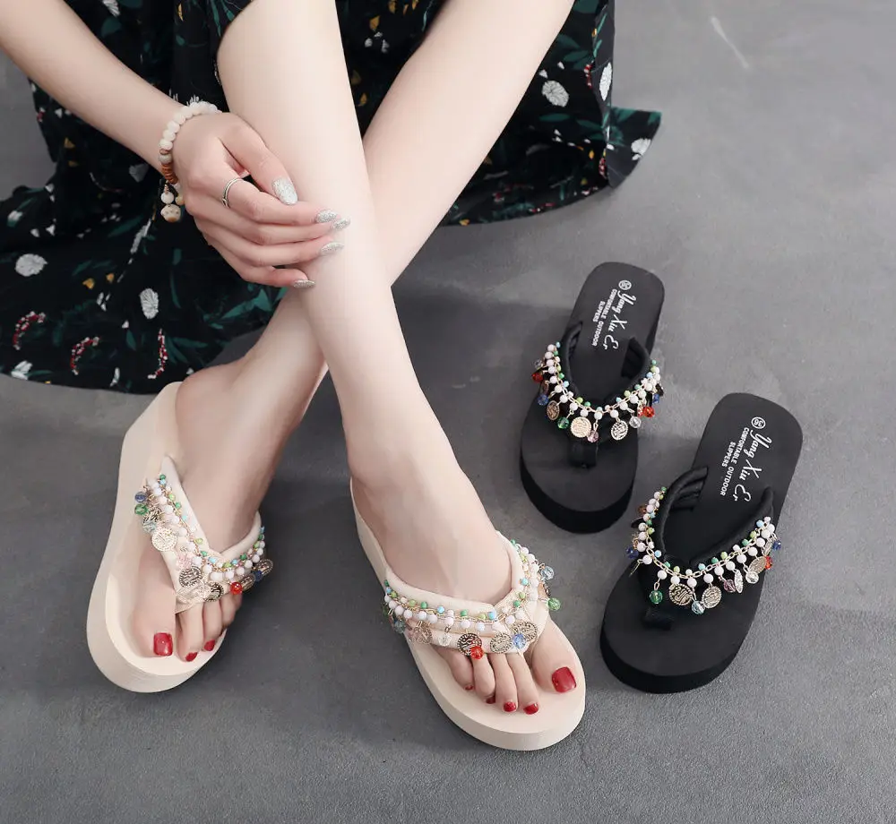 Women's Seaside Flip-Flops with Wedge Heel Bohemian Fashionable Thick Slippers Non-Slip Women's Summer Ethnic Style Sandals — feature 1