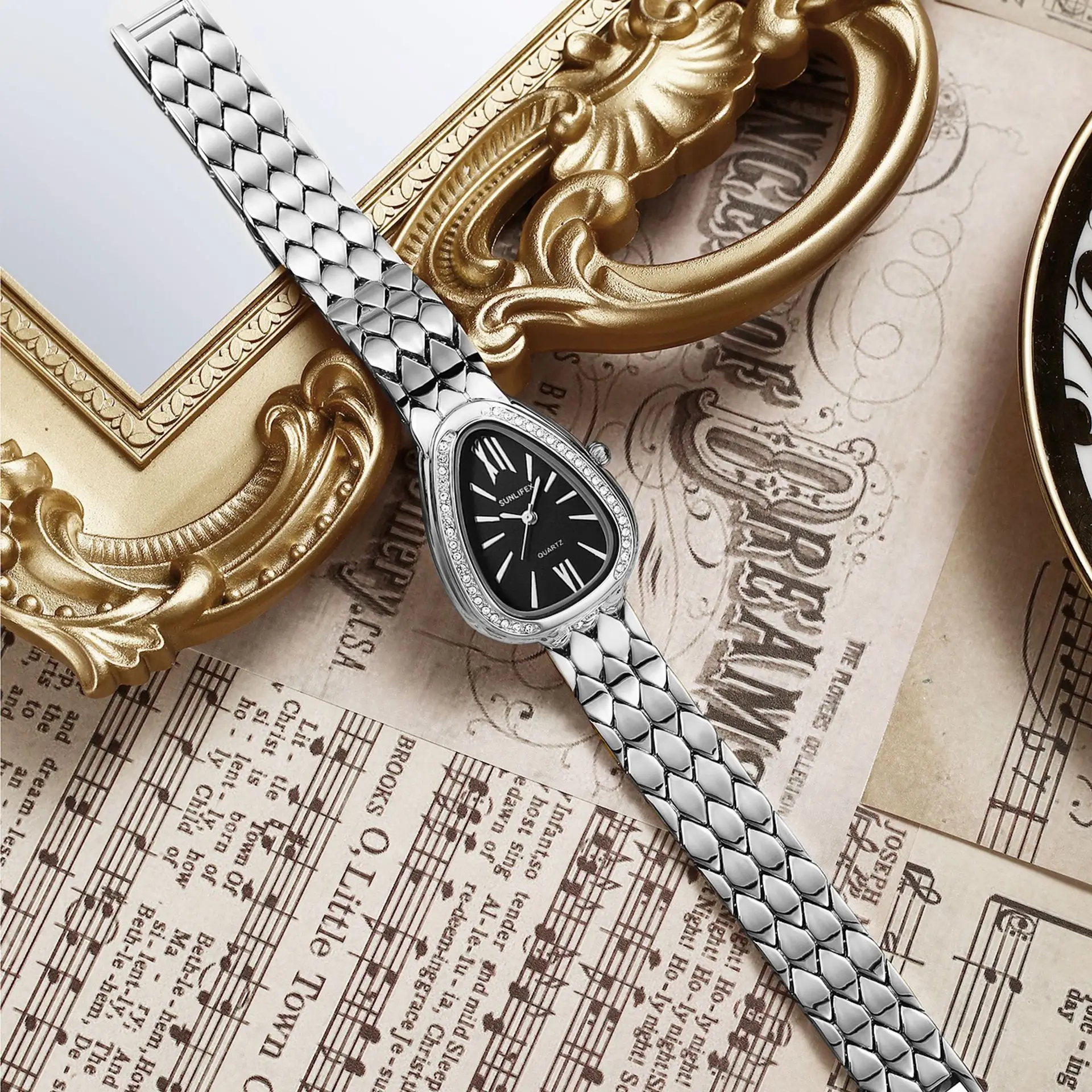 Women's Gold Snake Chain Watch with Diamond Dial — feature 16
