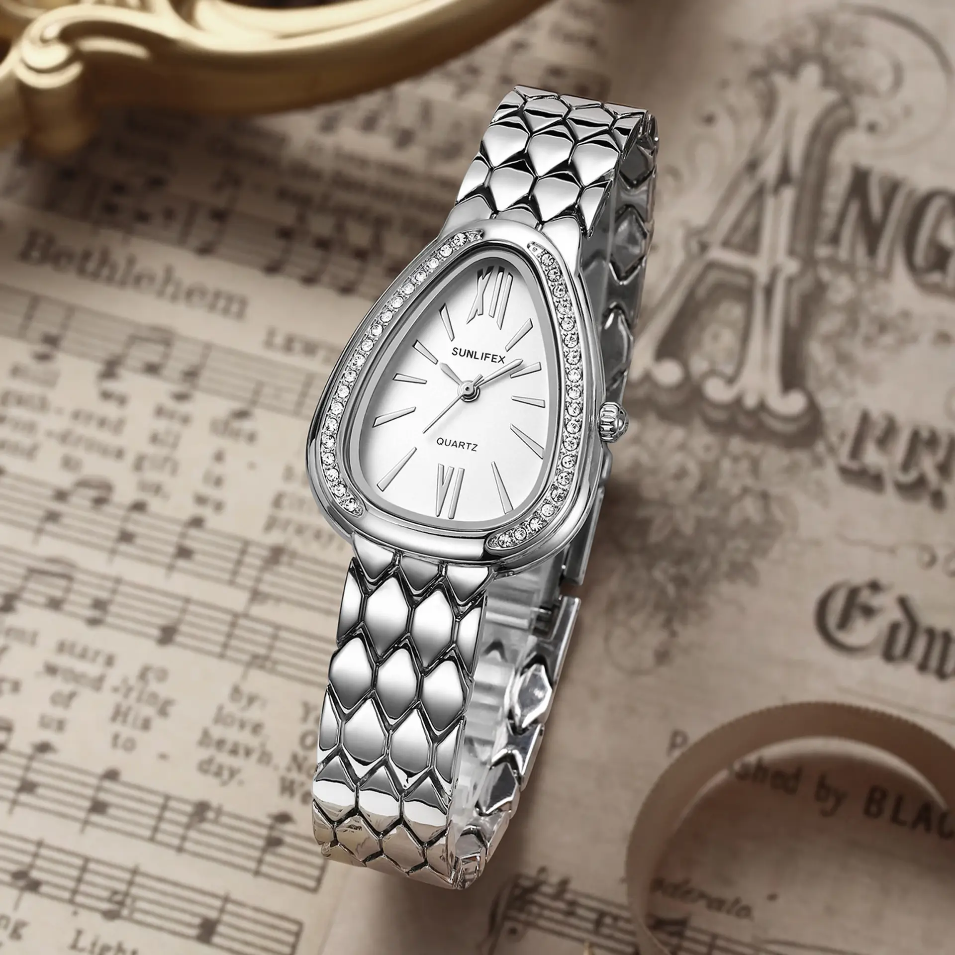 Women's Gold Snake Chain Watch with Diamond Dial — feature 4