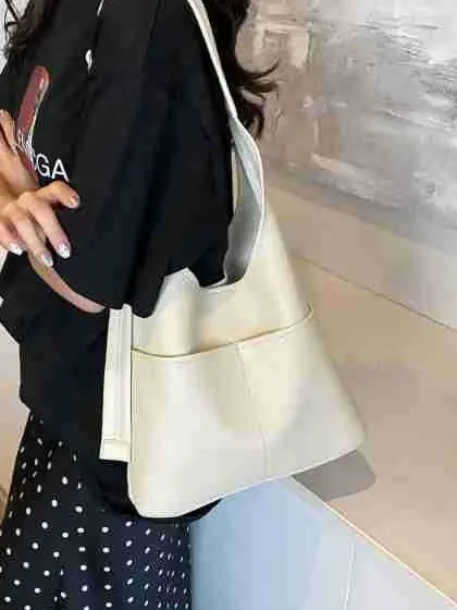 Women's Beige Leather Shoulder Messenger Bag 2024 New Large Capacity
