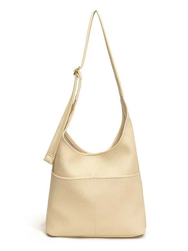 Women's Beige Leather Shoulder Messenger Bag 2024 New Large Capacity