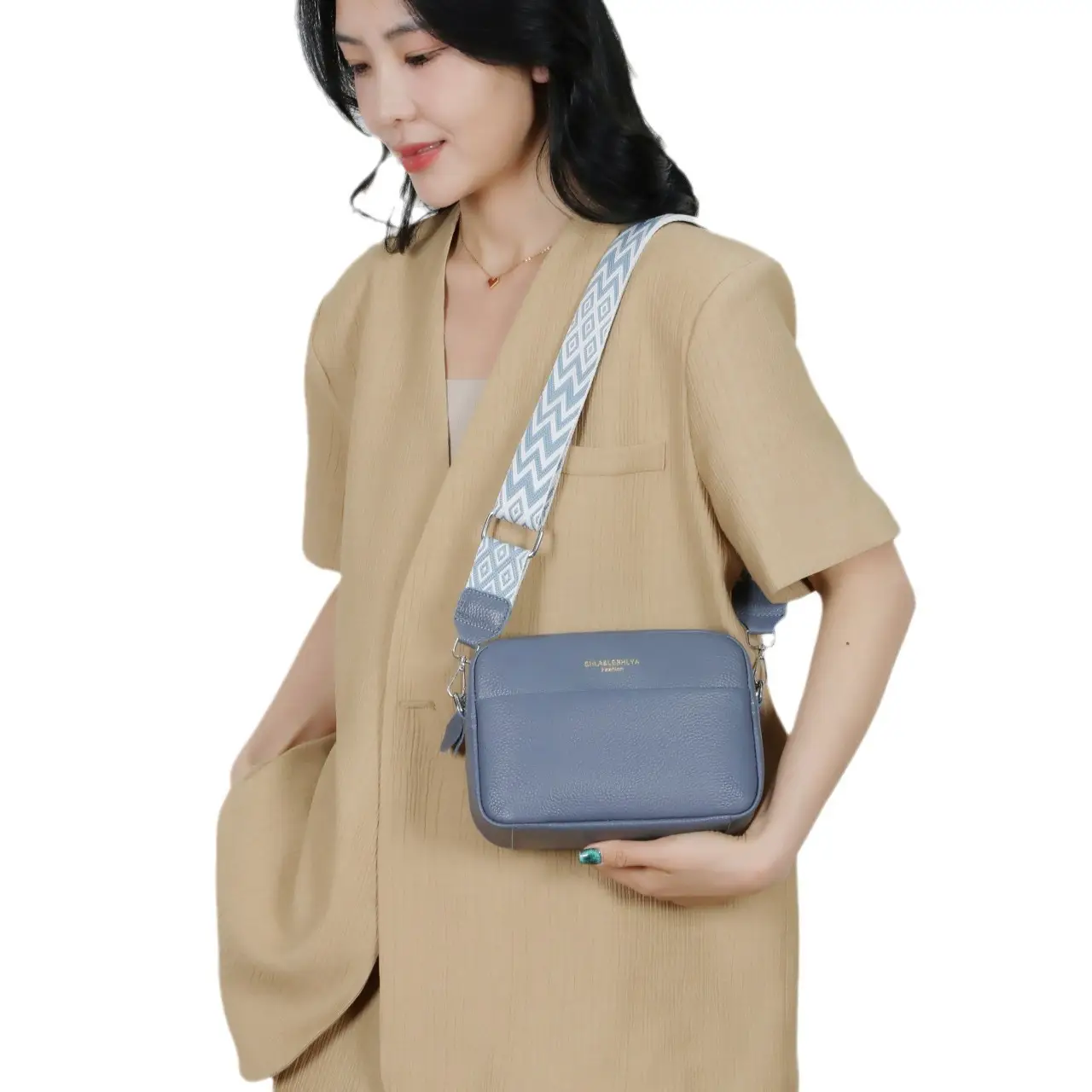 Women's Blue Crossbody Bag with Wide Ribbon Strap