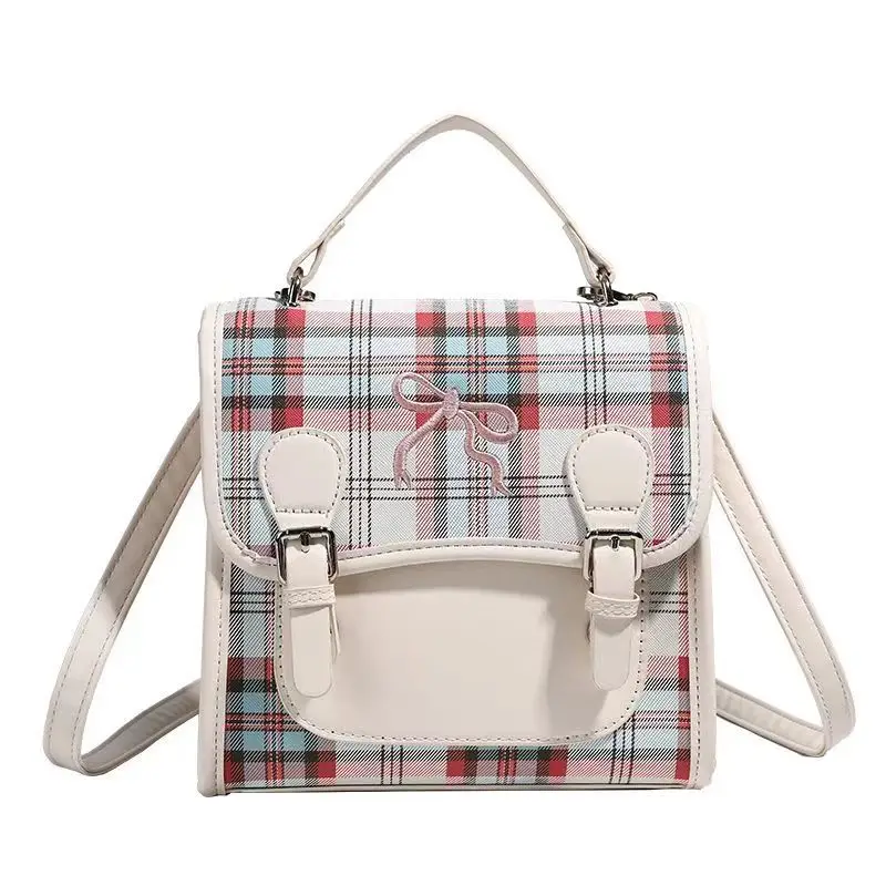 Women's Cute Plaid Backpack White Peach Bowknot School Bag