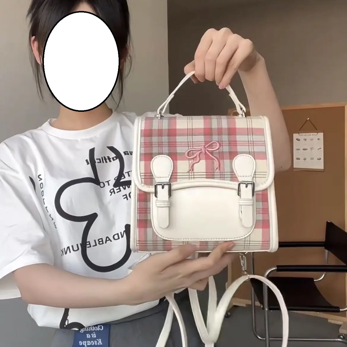 Women's Cute Plaid Backpack White Peach Bowknot School Bag — feature 10