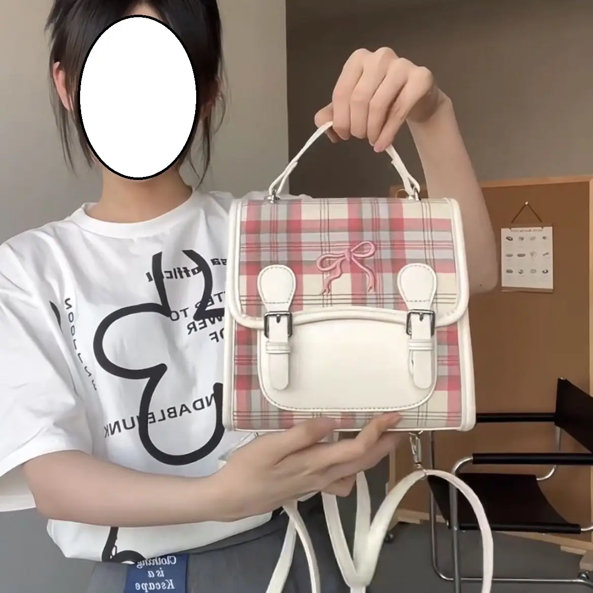 Women's Cute Plaid Backpack White Peach Bowknot School Bag — feature 9