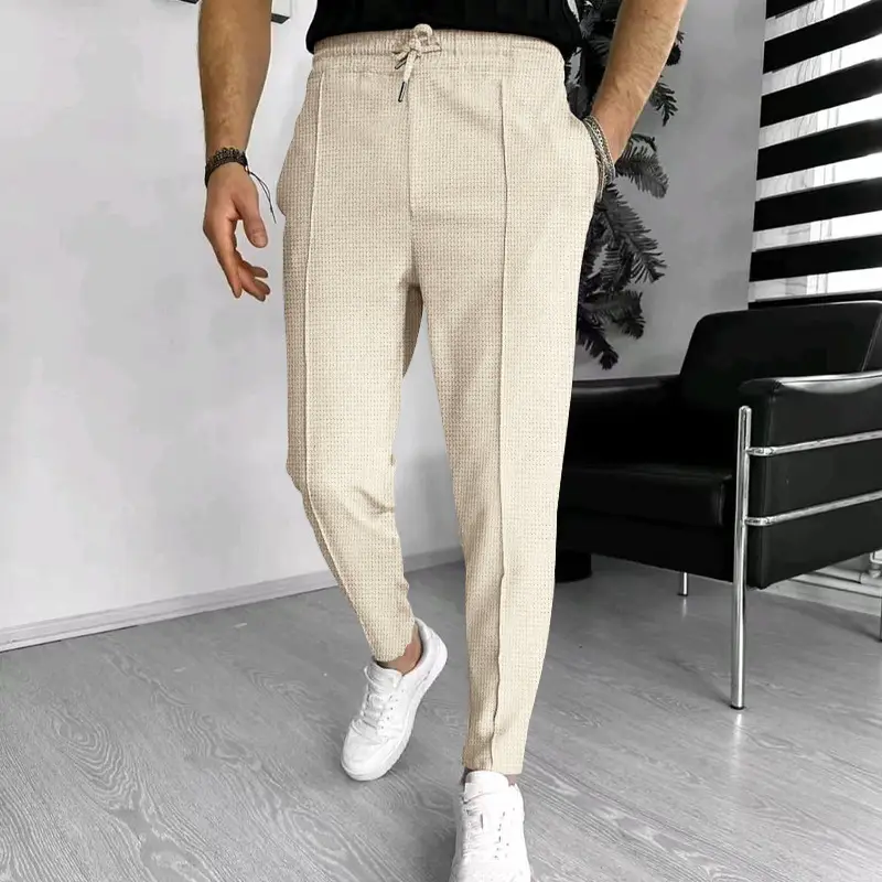 Men's Black Waffle Pants European American Drawstring Casual Sports Wear - Image 9