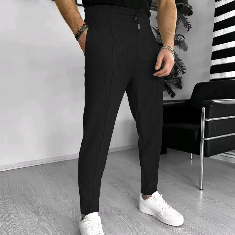 Men's Black Waffle Pants European American Drawstring Casual Sports Wear — feature 10