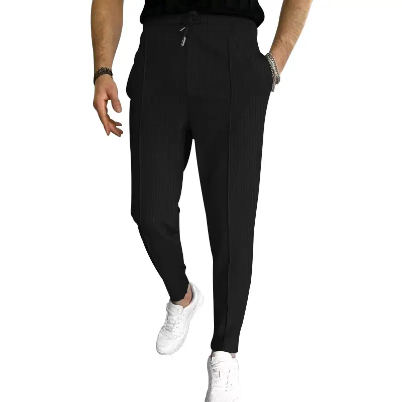 Men's Black Waffle Pants European American Drawstring Casual Sports Wear — feature 11