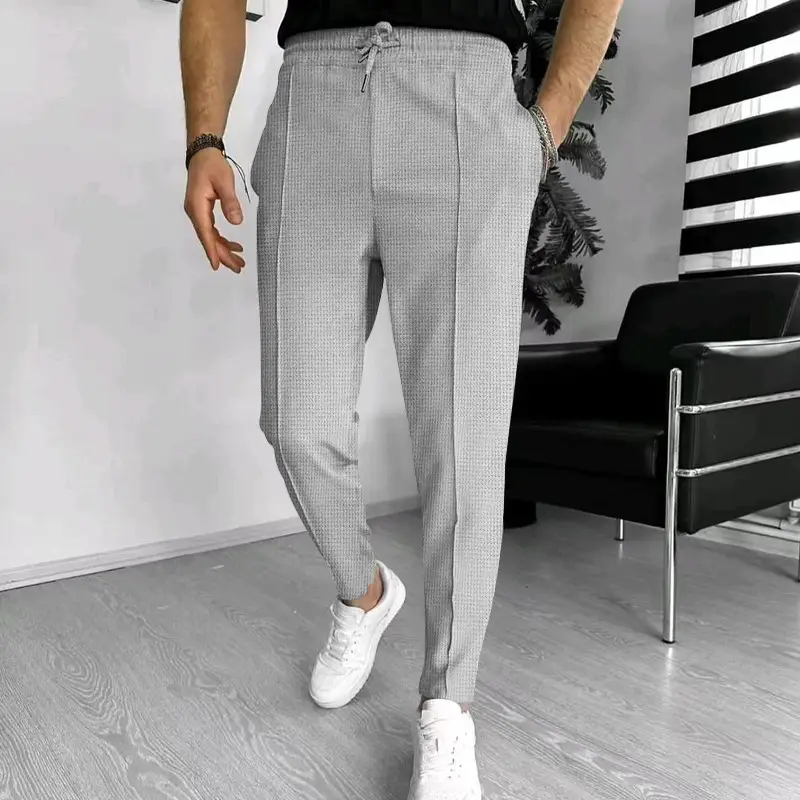 Men's Black Waffle Pants European American Drawstring Casual Sports Wear — feature 12