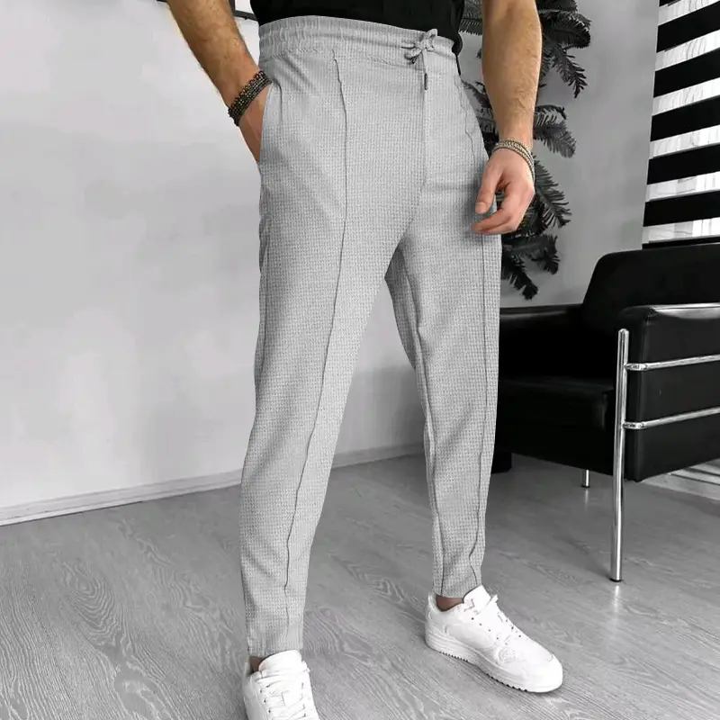 Men's Black Waffle Pants European American Drawstring Casual Sports Wear — feature 13
