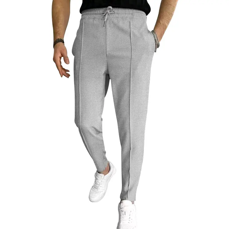 Men's Black Waffle Pants European American Drawstring Casual Sports Wear — feature 14