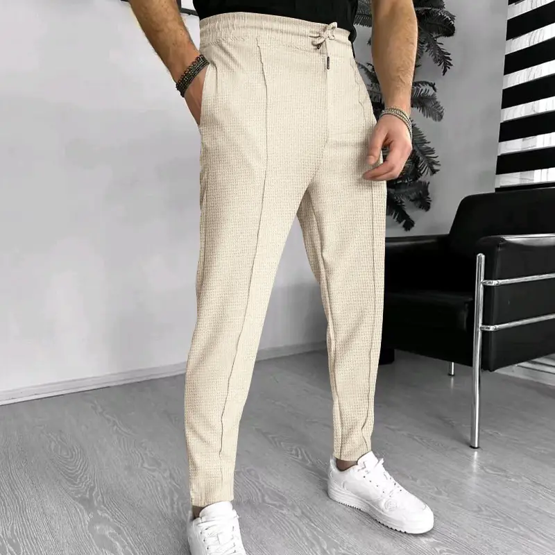 Men's Black Waffle Pants European American Drawstring Casual Sports Wear — feature 16