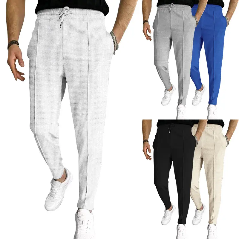 Men's Black Waffle Pants European American Drawstring Casual Sports Wear — feature 2