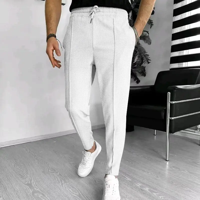 Men's Black Waffle Pants European American Drawstring Casual Sports Wear — feature 3
