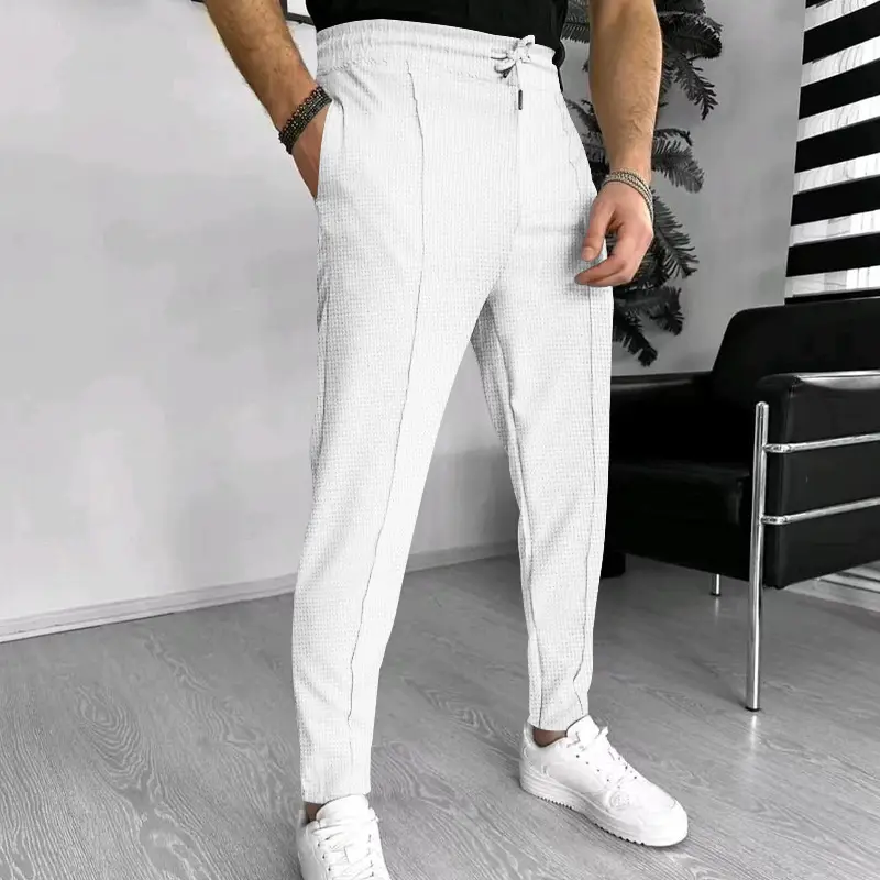 Men's Black Waffle Pants European American Drawstring Casual Sports Wear — feature 4