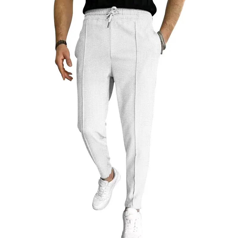 Men's Black Waffle Pants European American Drawstring Casual Sports Wear — feature 5