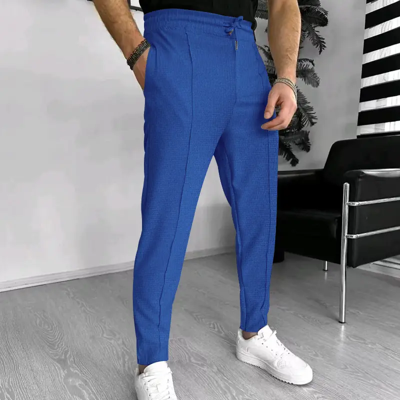 Men's Black Waffle Pants European American Drawstring Casual Sports Wear — feature 7