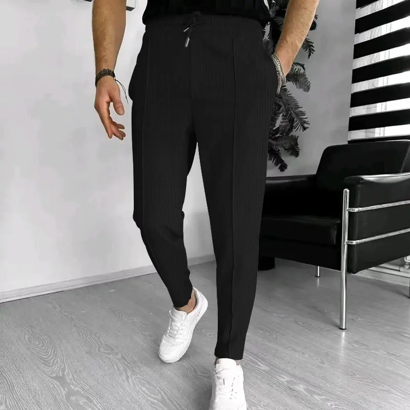 Men's Black Waffle Pants European American Drawstring Casual Sports Wear — feature 9