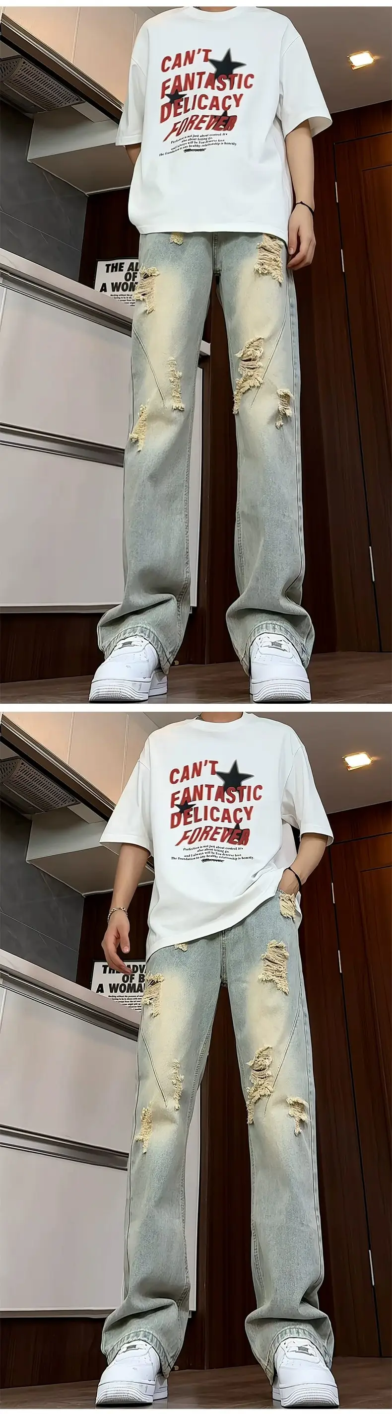 Men Ripped Jeans White T-Shirt Streetwear Set — feature 4
