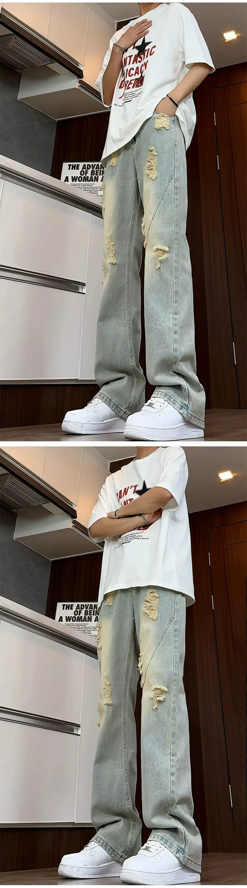 Men Ripped Jeans White T-Shirt Streetwear Set — feature 5