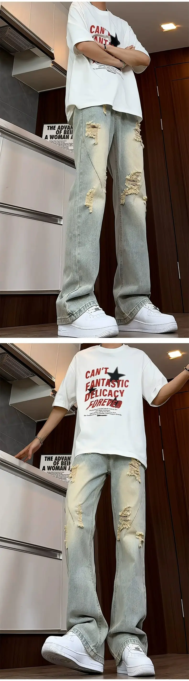 Men Ripped Jeans White T-Shirt Streetwear Set — feature 7