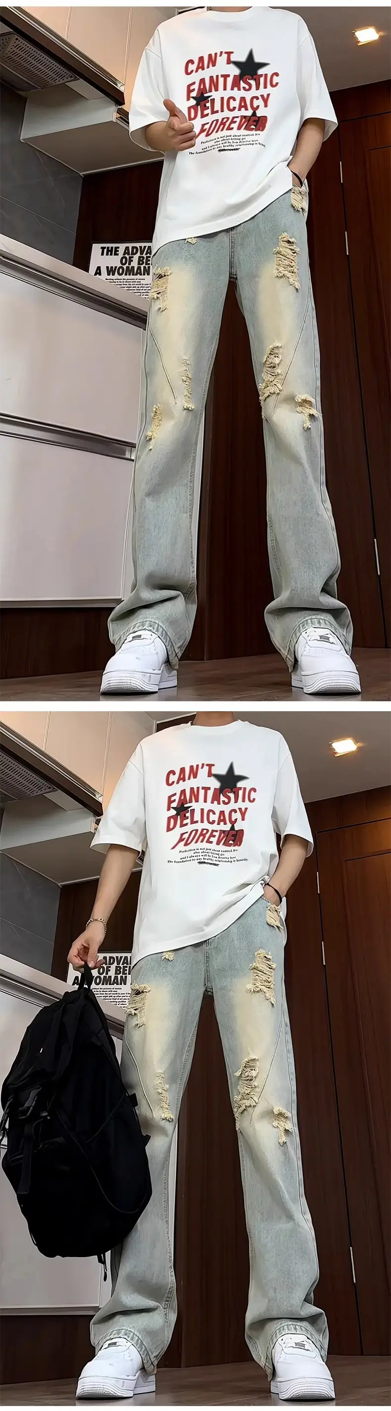 Men Ripped Jeans White T-Shirt Streetwear Set — feature 8