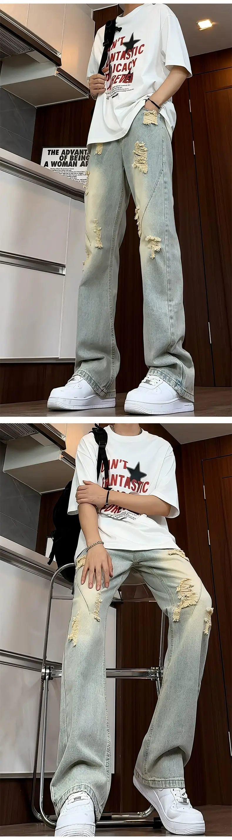 Men Ripped Jeans White T-Shirt Streetwear Set — feature 9