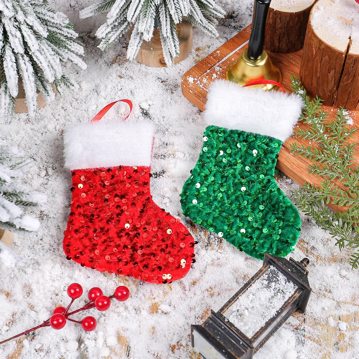 New Sequins Christmas Stocking Green Red White Edge - Image 5